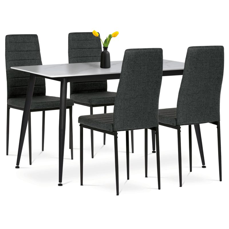 Jedálenský set 1+4, 130x70cm, keramika, biely, látka čierna, ASE-1004 BK2