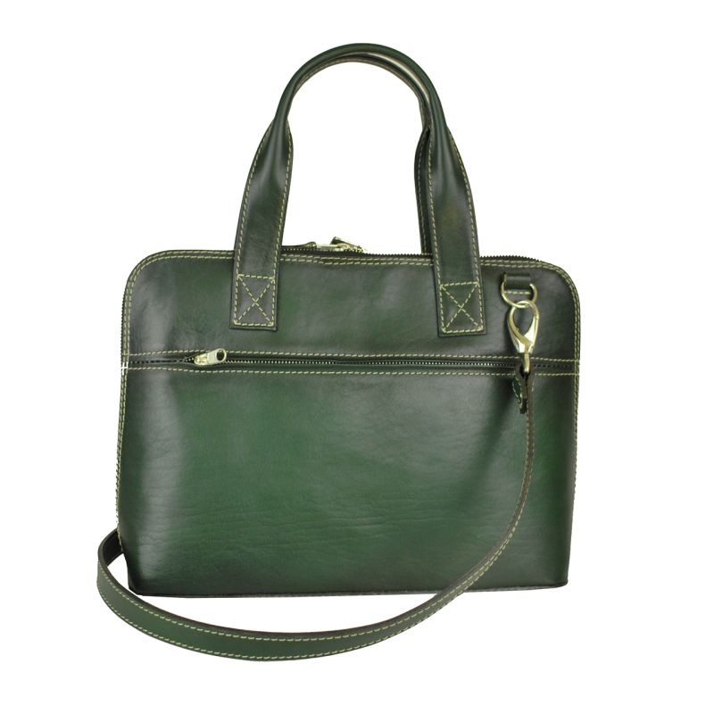 Dámska kožená kabela vhodná na formát A4, ručne tieňovaná, tmavo zelená farba