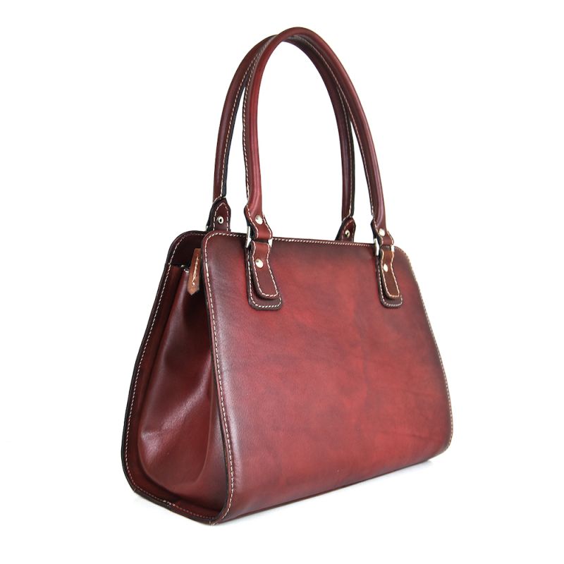 Módna kožená kabelka 8614 ručne tamponovaná a tieňovaná v bordovej farbe