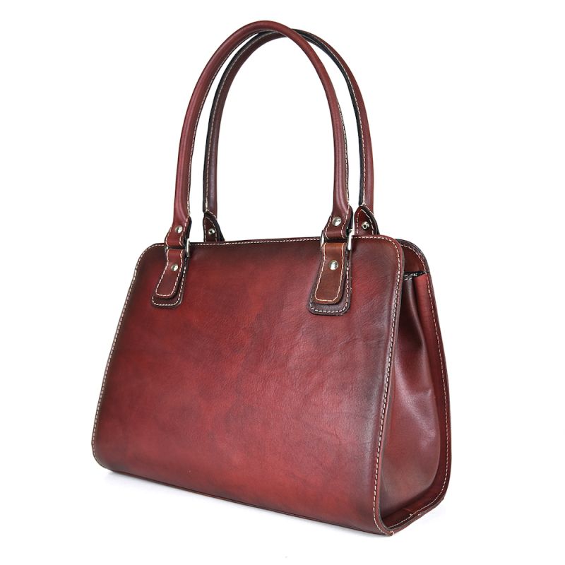 Módna kožená kabelka 8614 ručne tamponovaná a tieňovaná v bordovej farbe