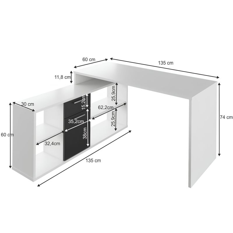 PC stôl, 135x135cm, biely, čierny, NOE NEW