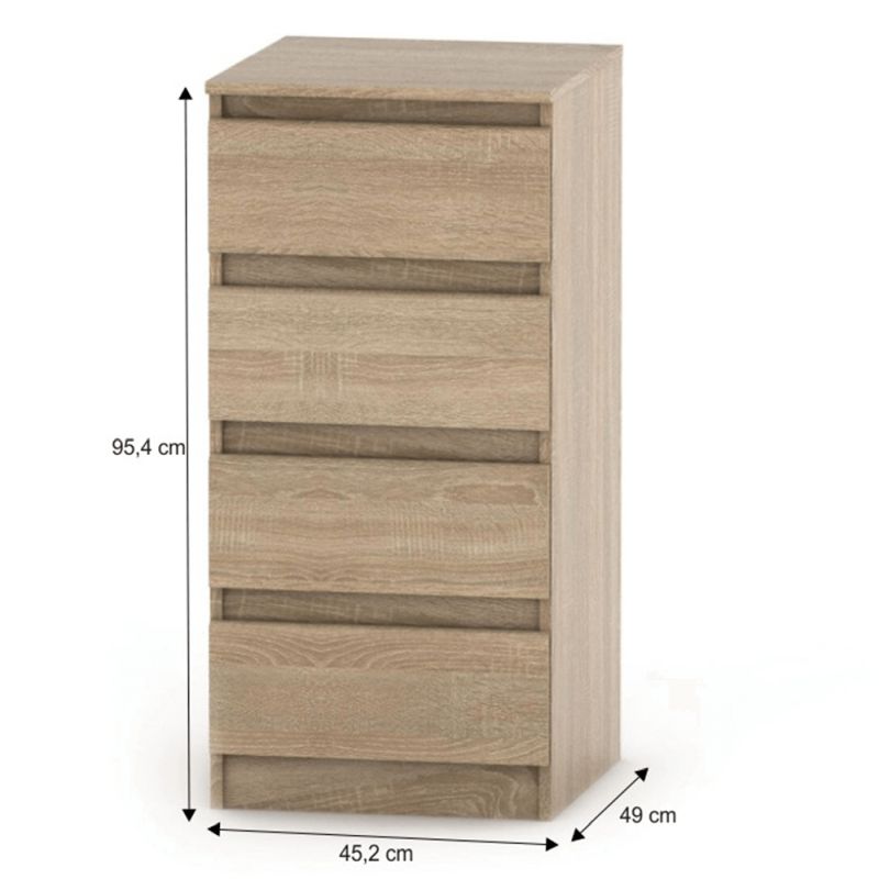 Komoda, 45cm, 4 šuplíková, dub sonoma, HANY NEW 009