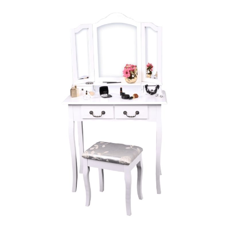 Toaletný stolík, 80cm, s taburetom, biely, strieborný, REGINA NEW