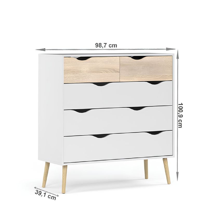 Komoda, 99cm, 5 zásuvková, dub sonoma, biela, OSLO 75456