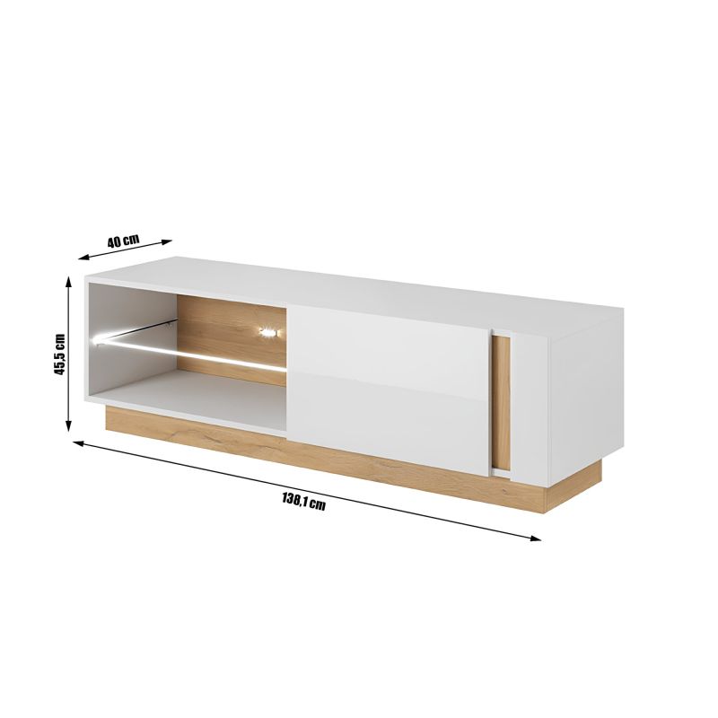 RTV stolík, 138cm, biely, dub grandson, biely lesk, CITY