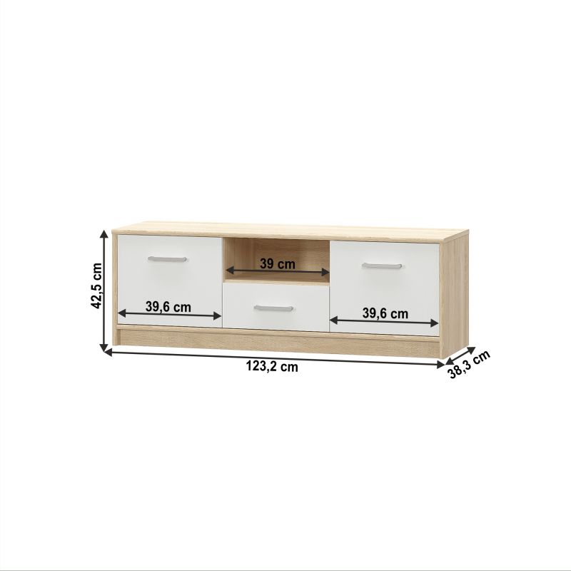 RTV stolík, 123cm, biely, dub sonoma, TEYO 2D1S