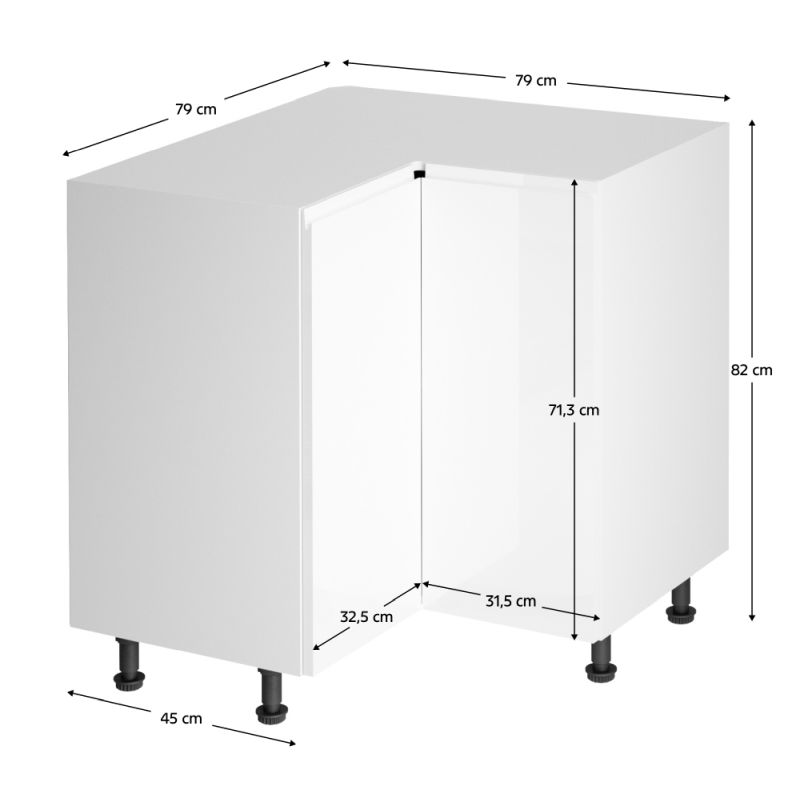 Spodná skrinka rohová, 90cm, biela, biely lesk, AURORA D90N
