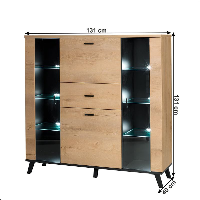 Komoda, 131cm, kombinovaná, dub lefkas, čierna, SIRAN TYP 3