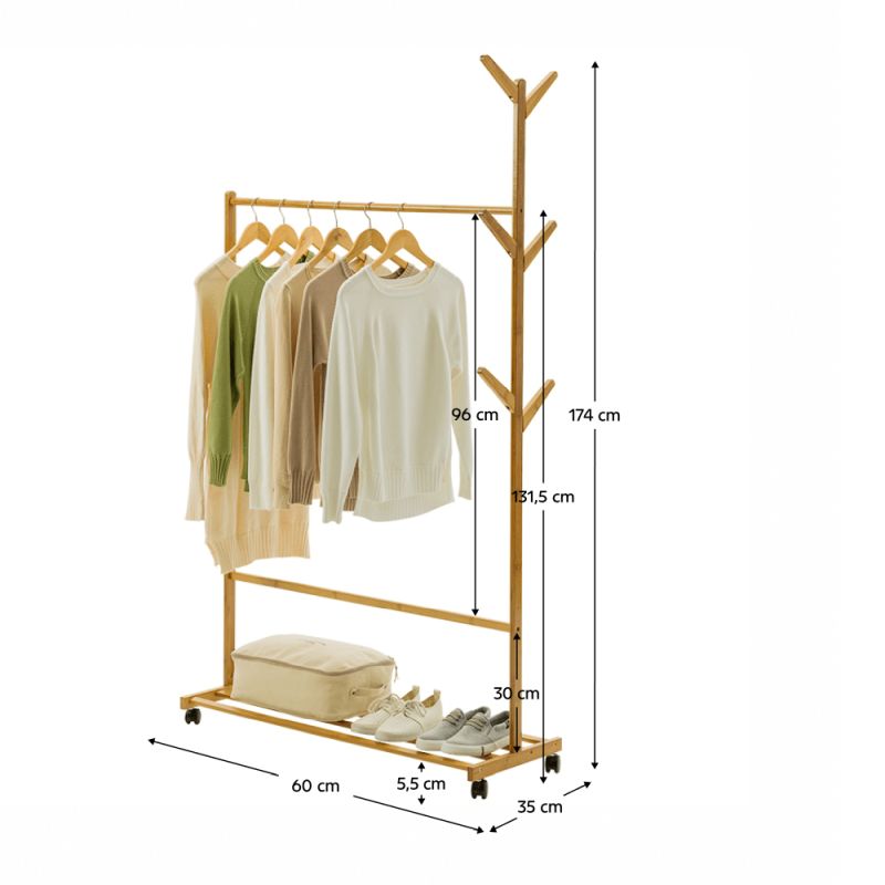 Pojazdný vešiak, prírodný, bambus, šírka 60cm, VIKIR TYP 1