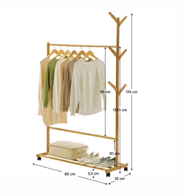 Pojazdný vešiak, prírodný, bambus, šírka 80cm, VIKIR TYP 2