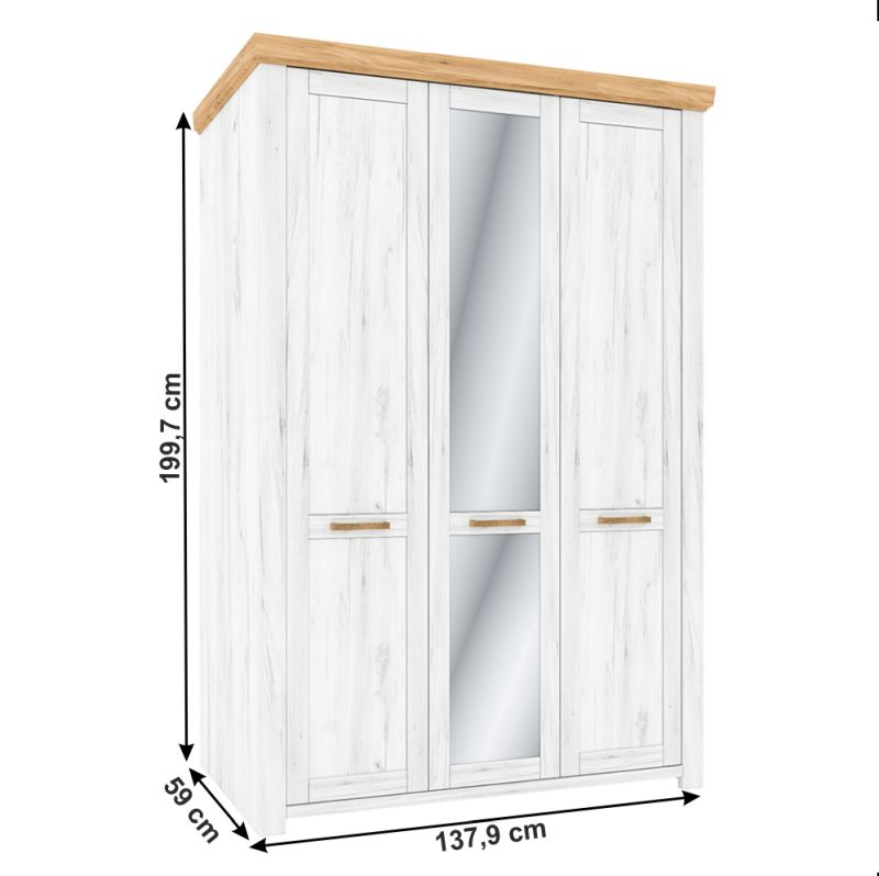 Skriňa, 138cm, kombinovaná, dub craft zlatý, dub craft biely, zrkadlo, SUDBURY H