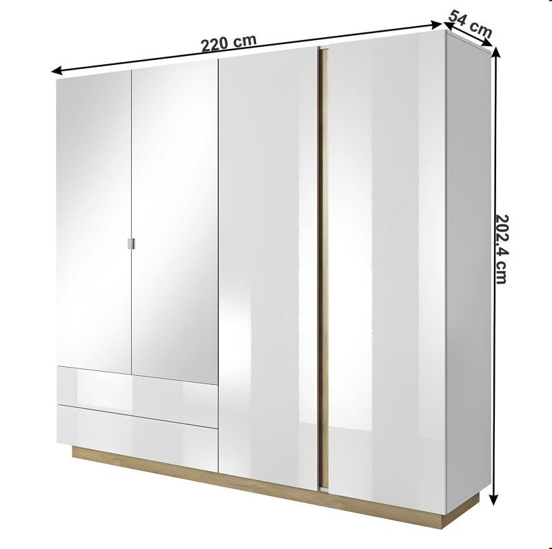 Skriňa, 220cm, kombinovaná, biela, zrkadlo, CITY