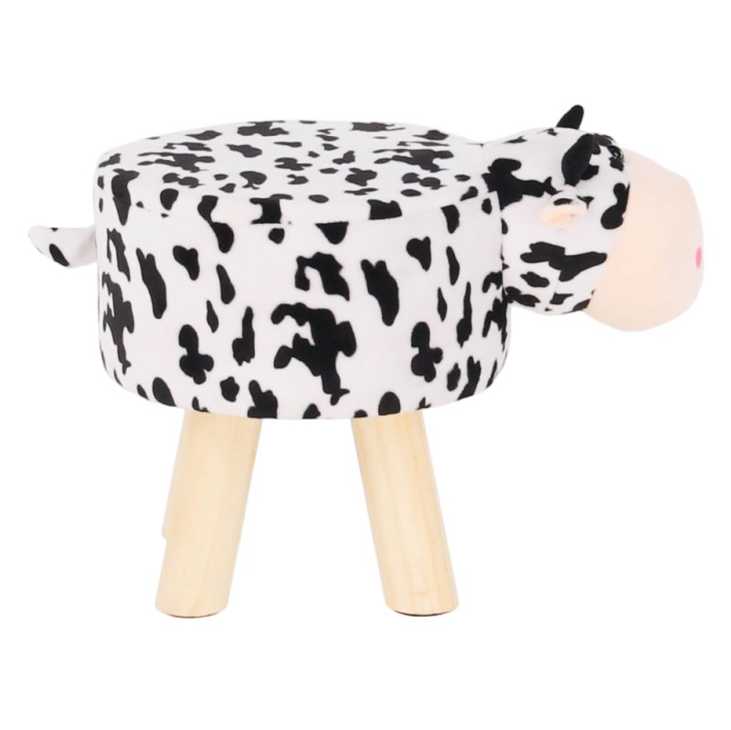 Taburet v tvare kravičky, 47cm, látka biela a čierna, prírodný, MOLLY