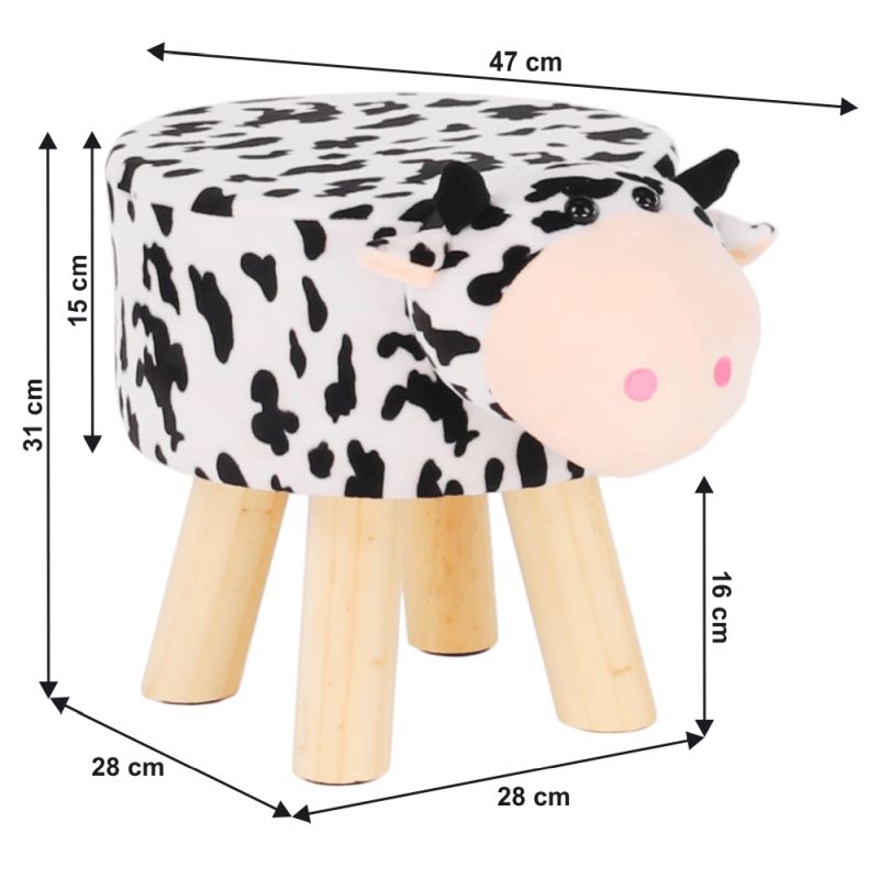 Taburet v tvare kravičky, 47cm, látka biela a čierna, prírodný, MOLLY