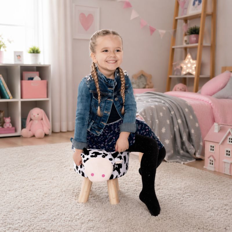 Taburet v tvare kravičky, 47cm, látka biela a čierna, prírodný, MOLLY