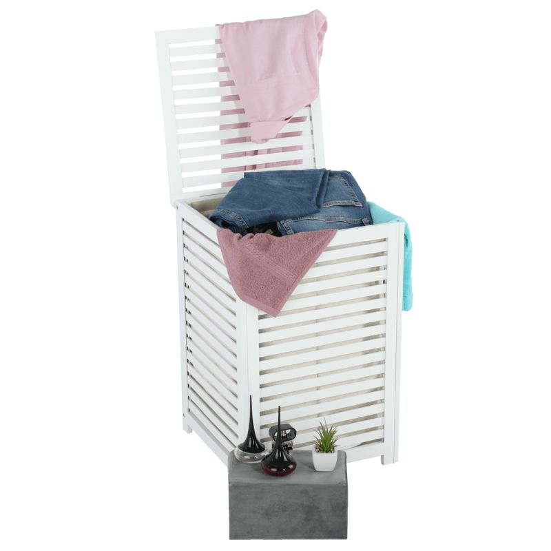 Kôš na bielizeň, 40cm, bambus biely, béžová látka, BASKET
