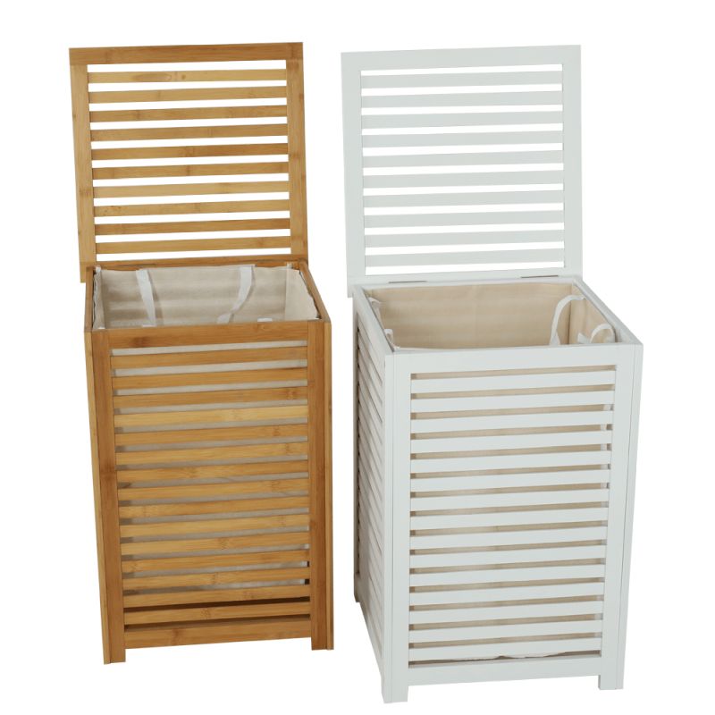 Kôš na bielizeň, 40cm, bambus biely, béžová látka, BASKET