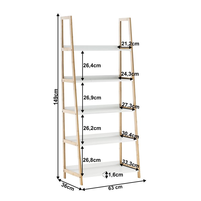 Regál, 63cm, 5-policový, biely, prírodný, KOEN TYP 3
