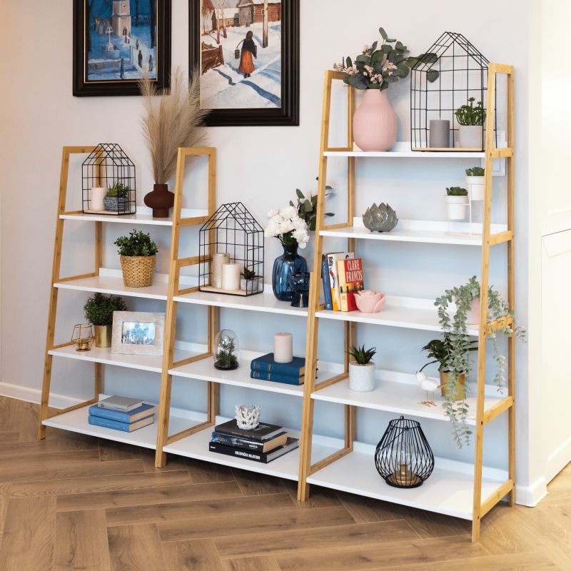 Regál, 63cm, 5-policový, biely, prírodný, KOEN TYP 3