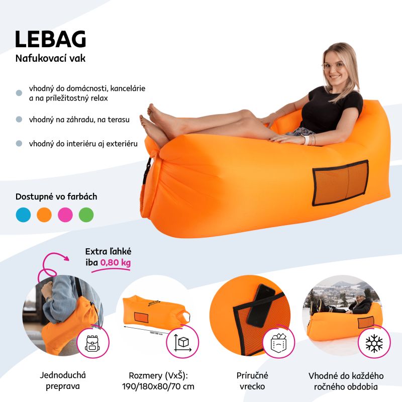 Nafukovací sedací vak, oranžový, LEBAG