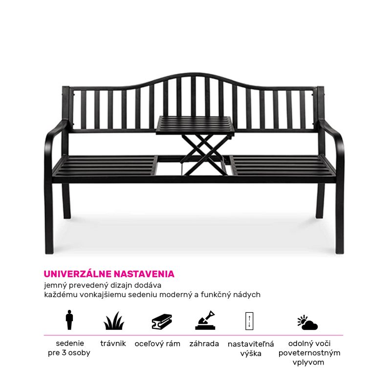 Záhradná lavička, so stolíkom, 150 cm, kov, čierna, DAGNO