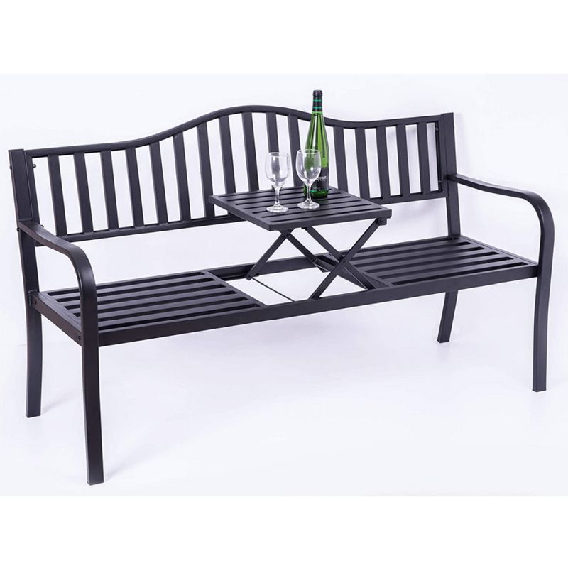 Záhradná lavička, so stolíkom, 150 cm, kov, čierna, DAGNO