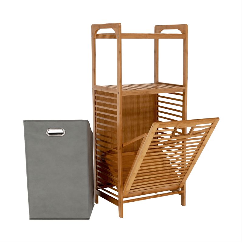 Kôš na bielizeň, 40cm, bambus prírodný, sivá látka, KERI NEW