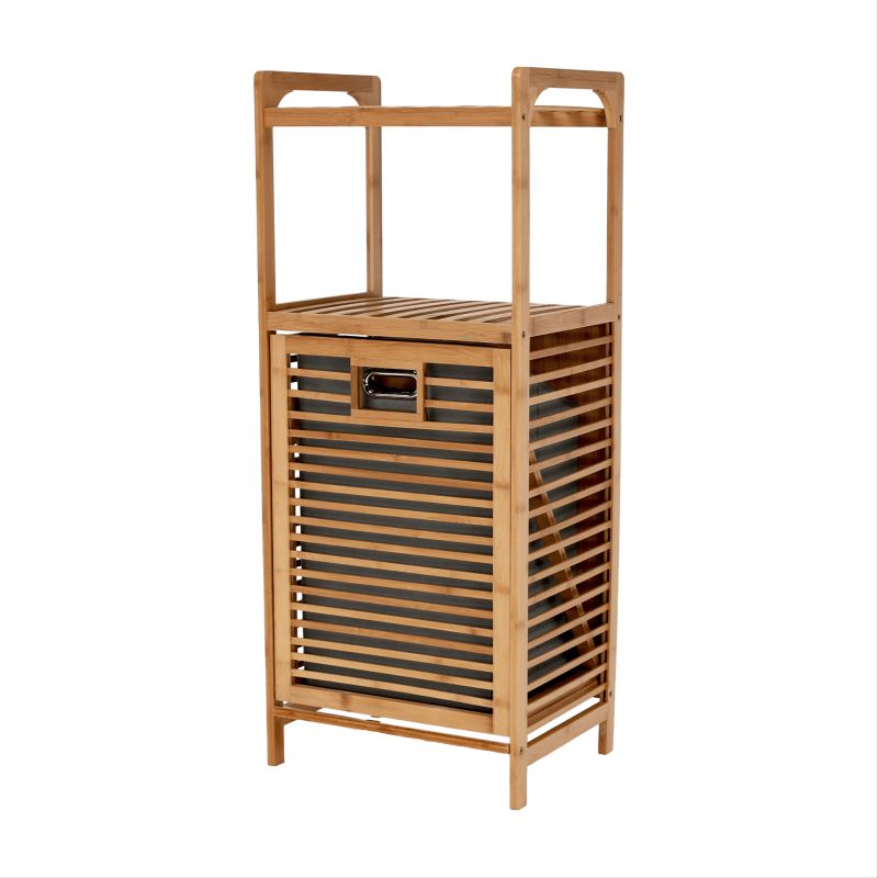 Kôš na bielizeň, 40cm, bambus prírodný, sivá látka, KERI NEW