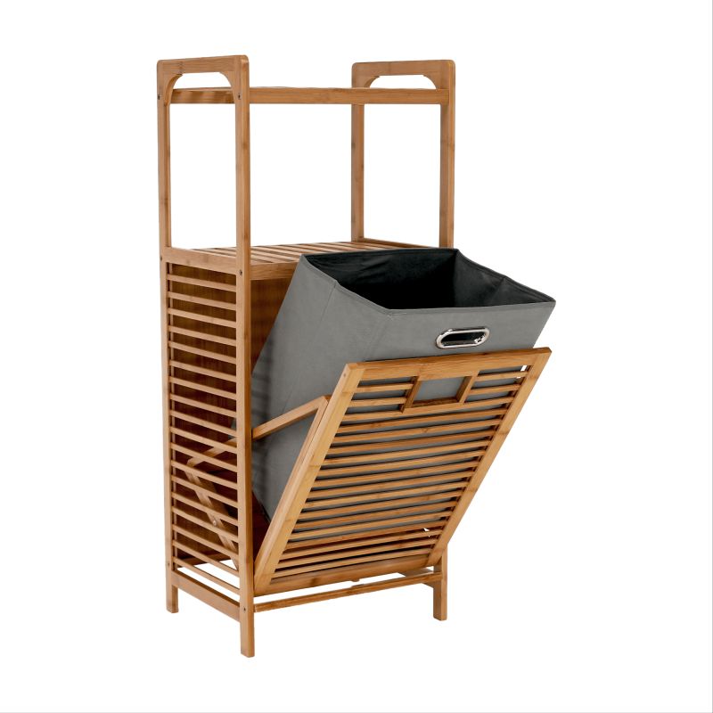 Kôš na bielizeň, 40cm, bambus prírodný, sivá látka, KERI NEW