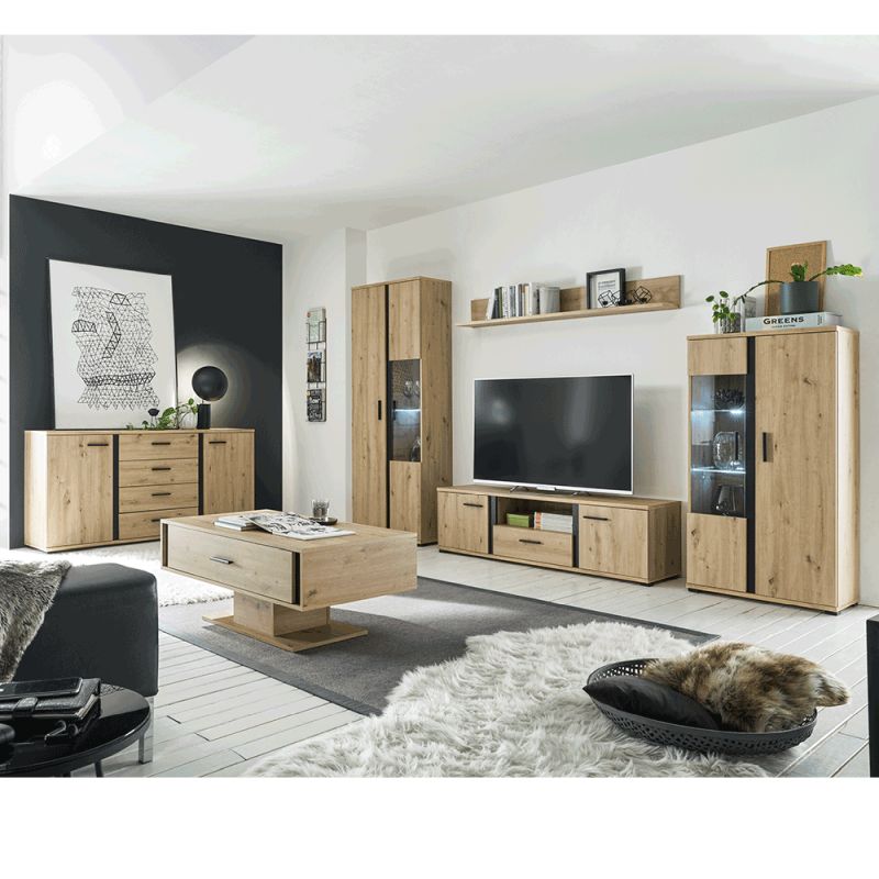 Obývacia stena, 310cm, dub artisan, čierna, KANODE