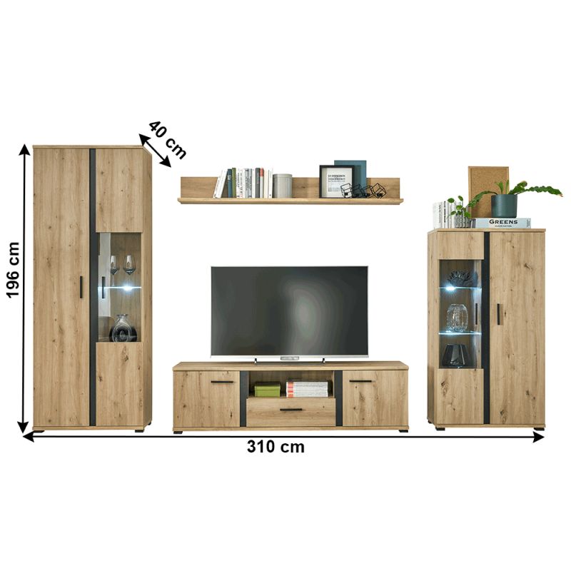 Obývacia stena, 310cm, dub artisan, čierna, KANODE