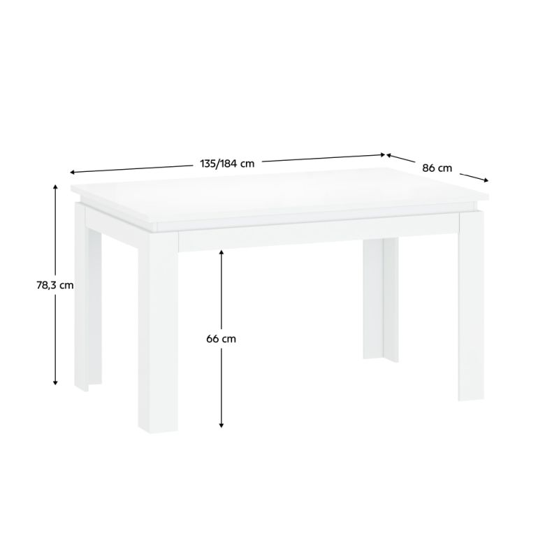 Jedálenský stôl, 135x86cm, rozkladací, DTD, biely lesk, LINDY