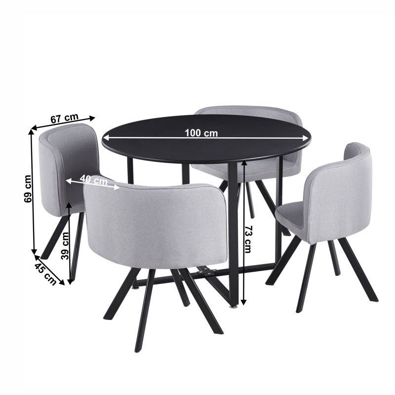 Jedálenský set 1+4, 100x100cm, MDF, čierny, látka svetlosivá, BEVAN NEW