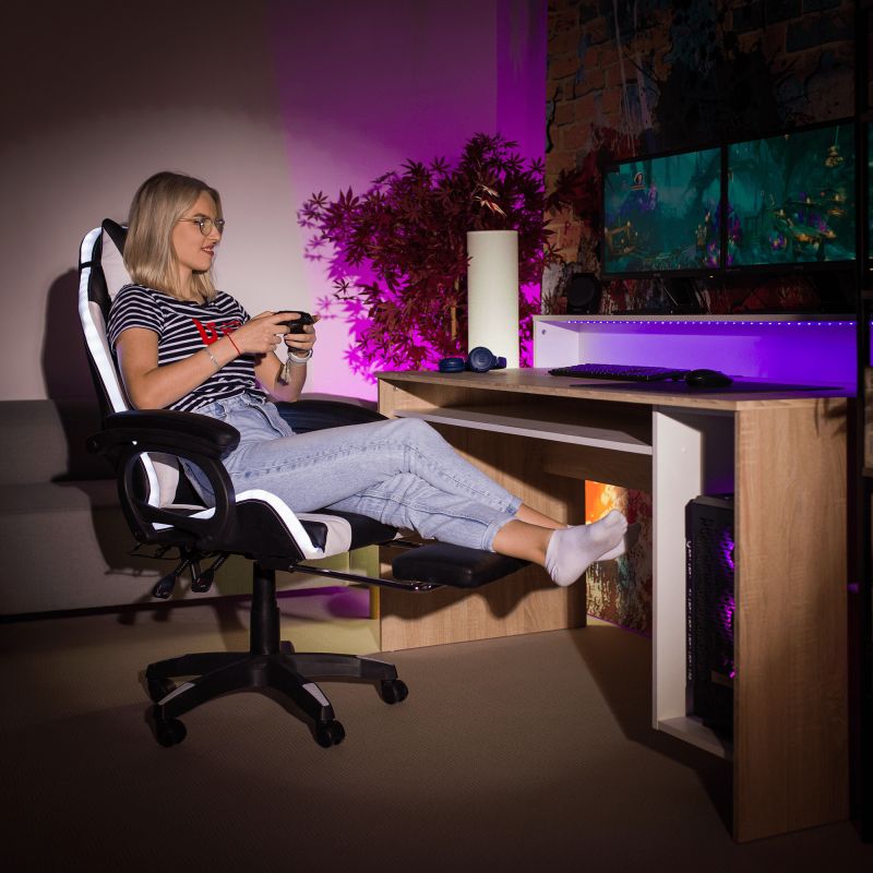 Kancelárske, herné kreslo, s RGB LED podsvietením, čierna a biela ekokoža, JOVELA