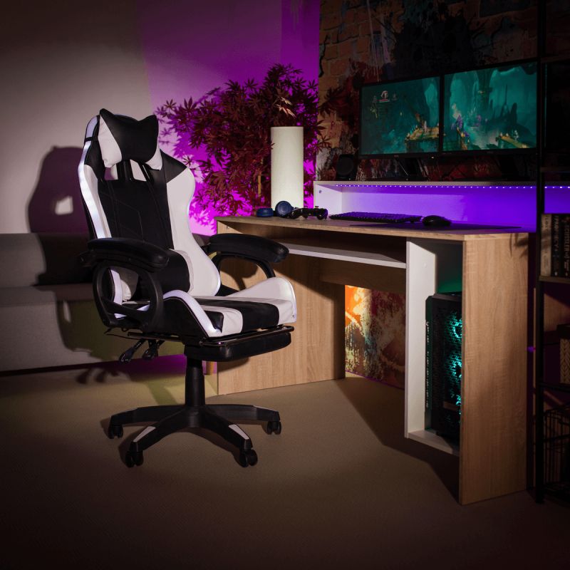 Kancelárske, herné kreslo, s RGB LED podsvietením, čierna a biela ekokoža, JOVELA