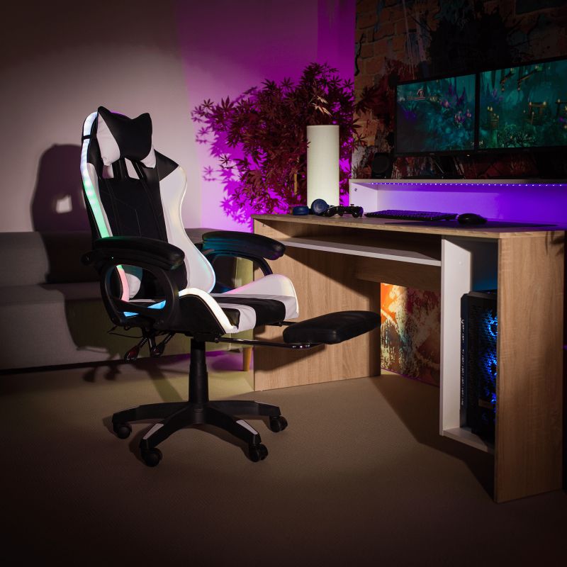 Kancelárske, herné kreslo, s RGB LED podsvietením, čierna a biela ekokoža, JOVELA