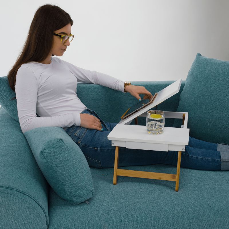 Príručný stolík na notebook, držiak na tablet, 59x34cm, biely, prírodný bambus, MELTEN