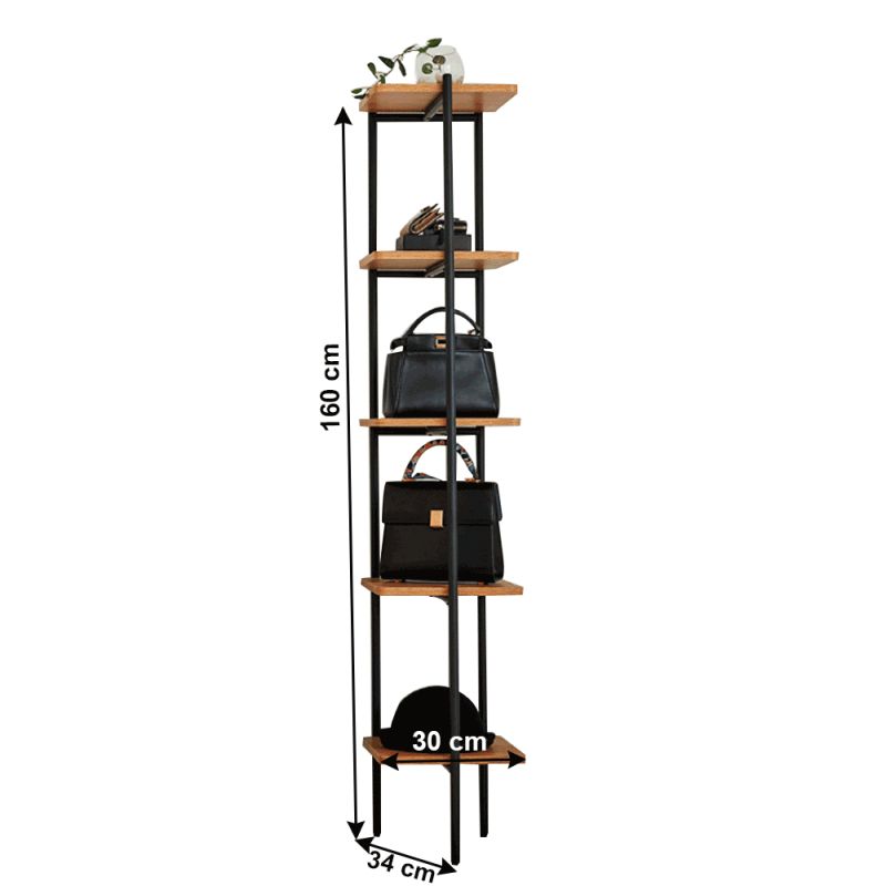 Regál, 30cm, v industriálnom štýle, čierny, akácia, MULIN