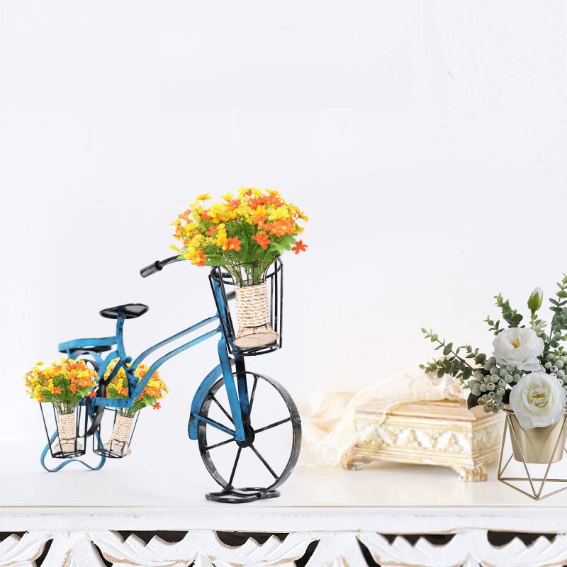RETRO kvetináč v tvare bicykla, kov čierny, modrý, ALBO
