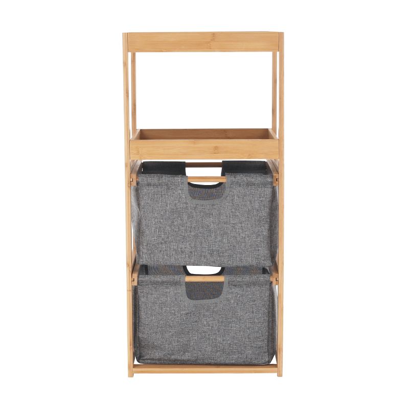 Regál, 40cm, lakovaný bambus, látka sivá, KELANA