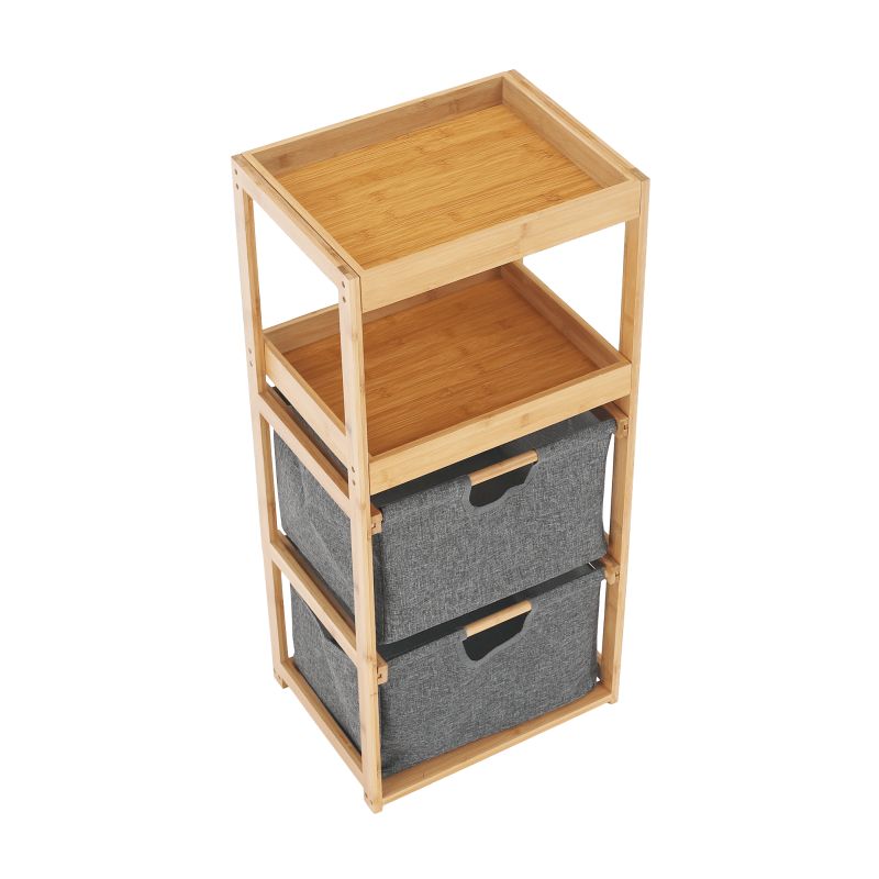 Regál, 40cm, lakovaný bambus, látka sivá, KELANA