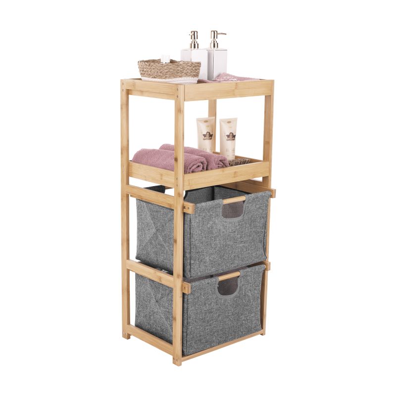 Regál, 40cm, lakovaný bambus, látka sivá, KELANA