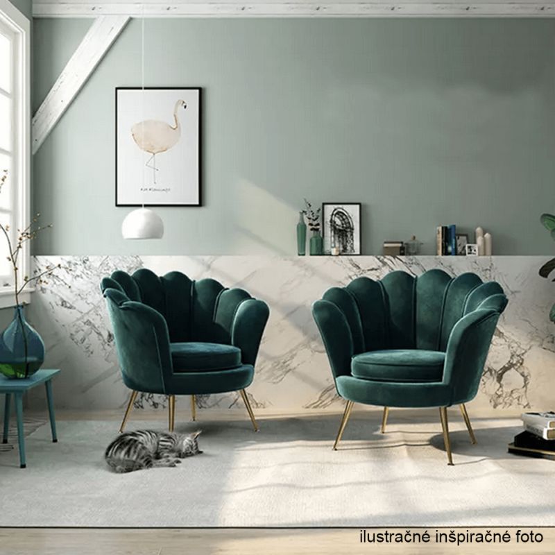 Kreslo, Art-deco, nohy gold chróm, smaragdová látka, NOBLIN
