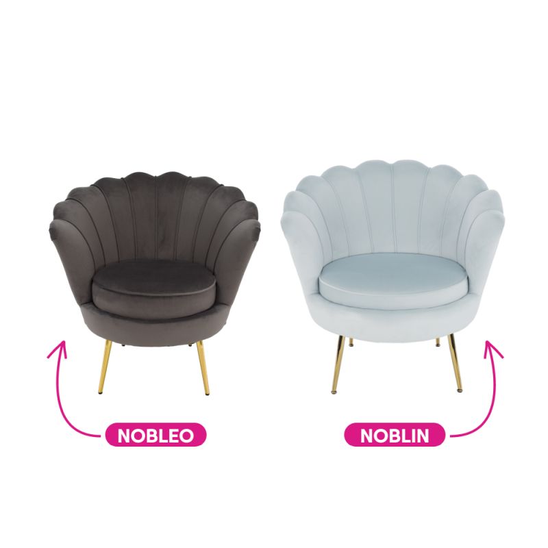 Kreslo, Art-deco, nohy gold chróm, sivomodrá látka, NOBLIN