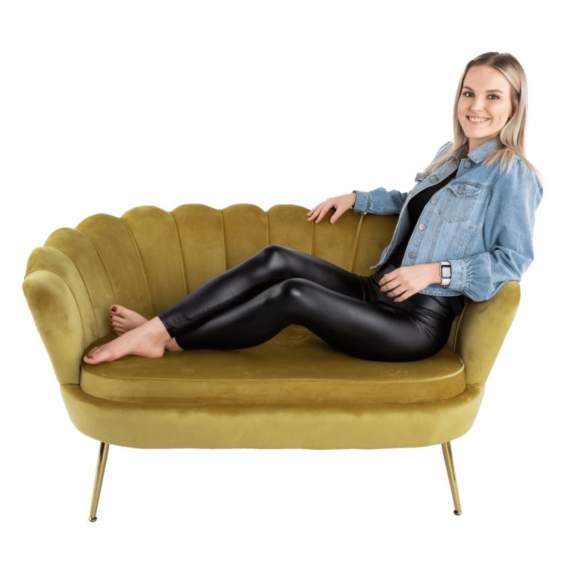 Lavica, Art-deco, nohy gold chróm, horčicová látka, NOBLIN