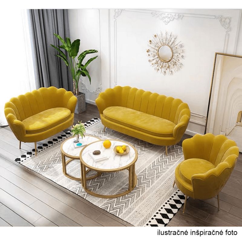Lavica, Art-deco, nohy gold chróm, horčicová látka, NOBLIN