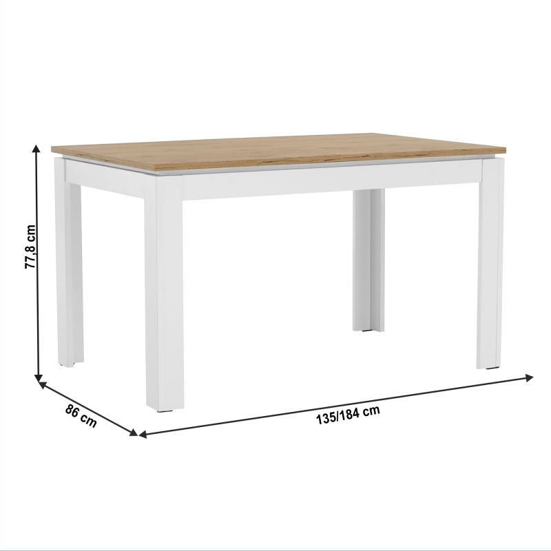 Jedálenský stôl, 135x86cm, rozkladací, DTD, biely, dub wotan, VILGO