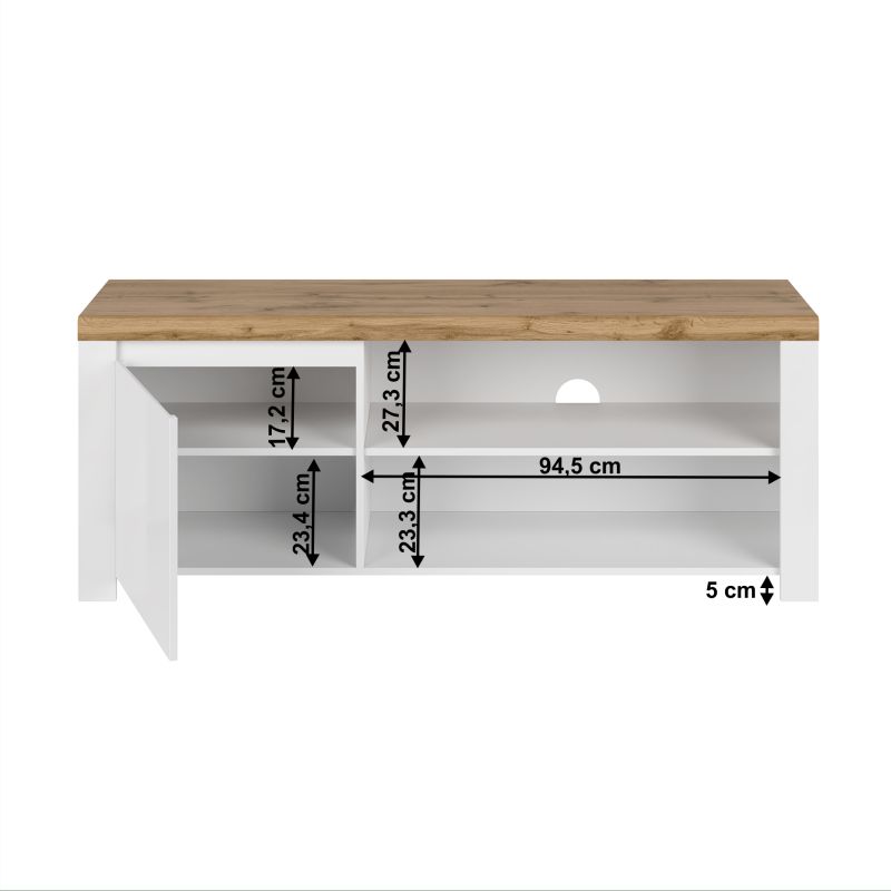TV stolík, 156cm, biely lesk, dub wotan, VILGO 1D