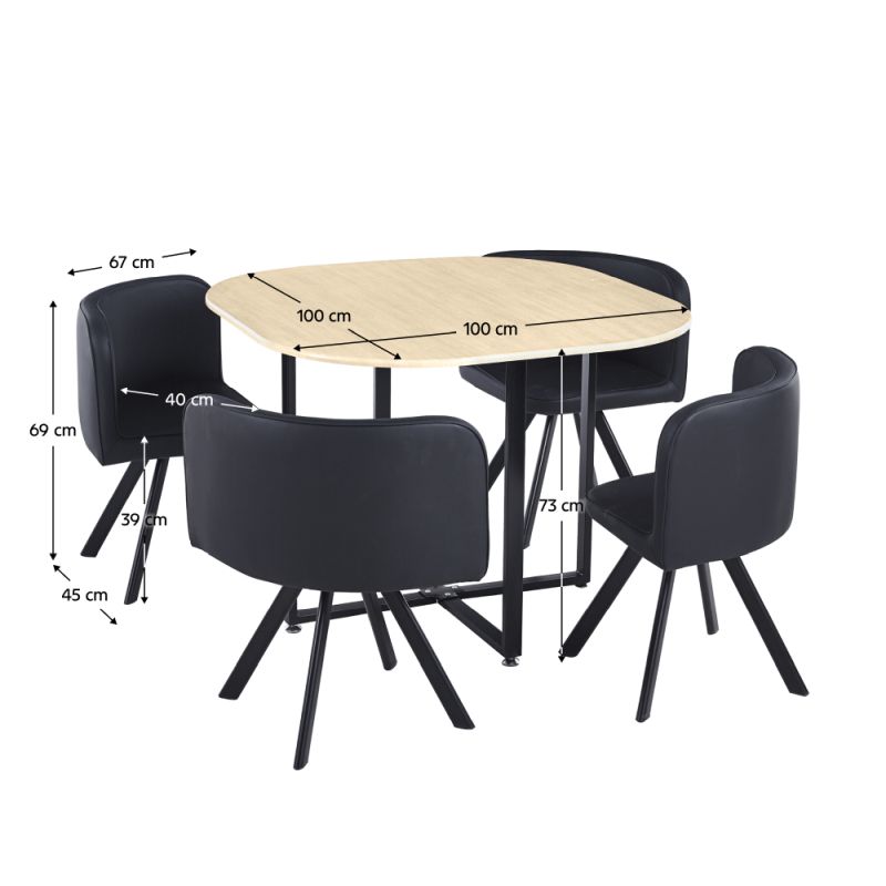 Jedálenský set 1+4, 100x100cm, MDF, dub, ekokoža čierna, BEVIS NEW