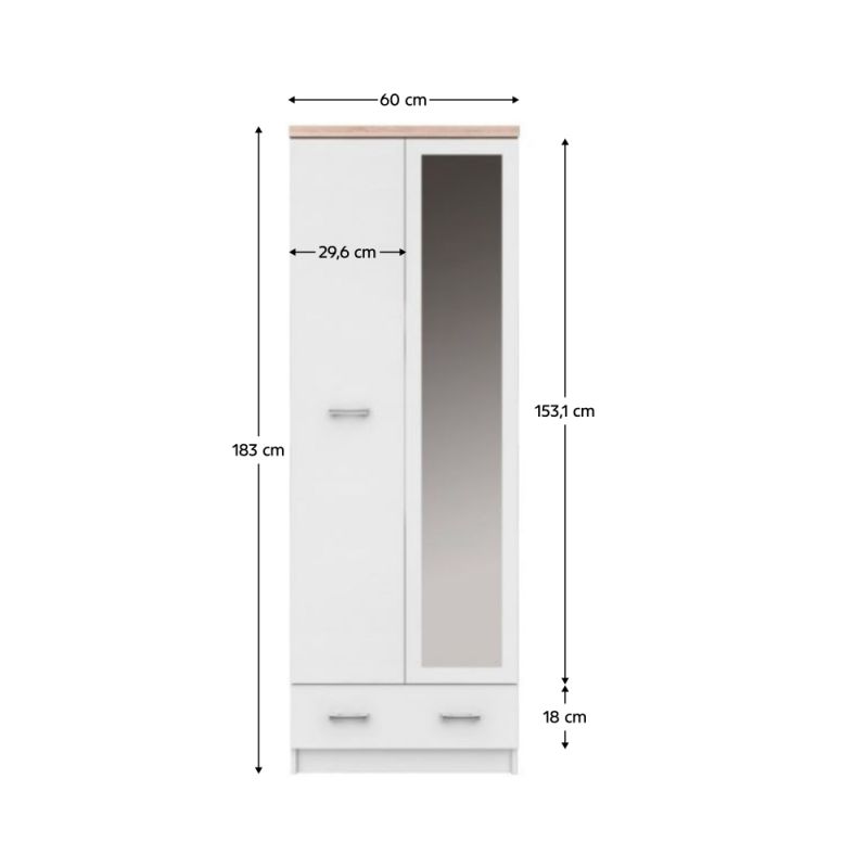 Skriňa, 60cm, vešiaková, biela, dub sonoma, zrkadlo, TOPTY TYP 37 2D1S